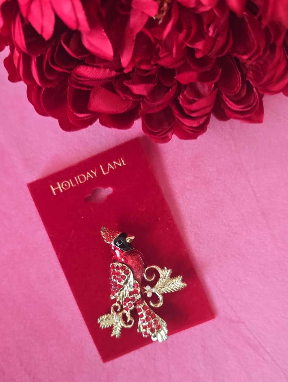 Macy's Vintage Holiday Lane Red and Gold Cardinal Brooch